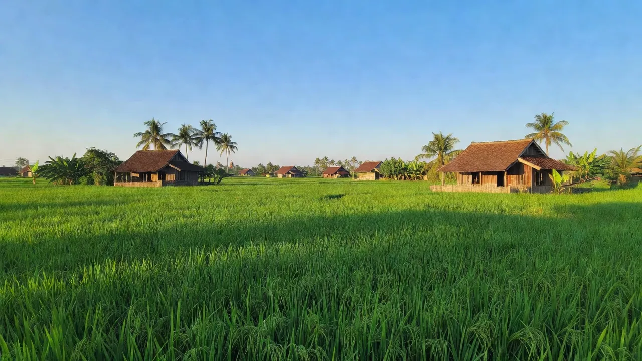 Cảnh đẹp xã Đồng Tiến, huyện Khoái Châu, tỉnh Hưng Yên, với cánh đồng xanh và nhà truyền thống.