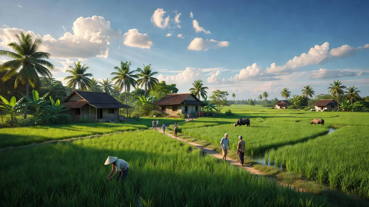 Khung cảnh yên bình của xã Liên Khê, huyện Khoái Châu, Hưng Yên, với cánh đồng xanh tươi.