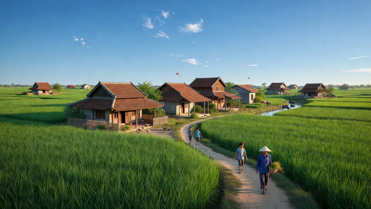 Cảnh đẹp tĩnh lặng của Xã Nguyễn Huệ, huyện Khoái Châu với đồng xanh và nhà truyền thống.