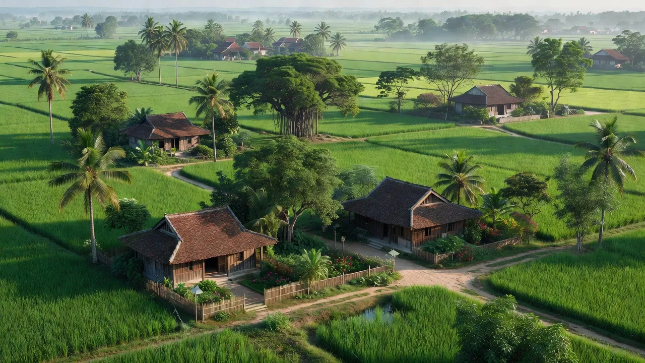 Cảnh đẹp xã Nguyễn Huệ, huyện Khoái Châu, Hưng Yên với cánh đồng xanh và nhà vườn truyền thống.