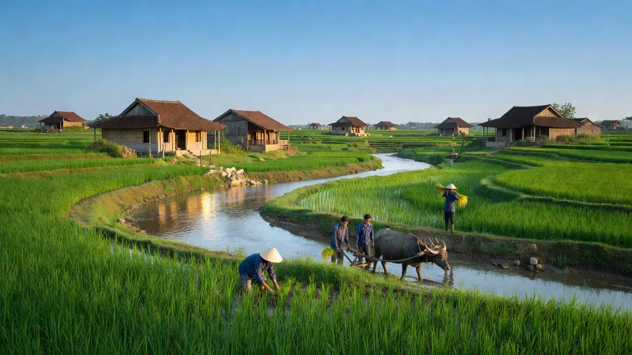 Cảnh đồng quê xã Ông Đình, huyện Khoái Châu, tỉnh Hưng Yên với ruộng lúa xanh tươi.