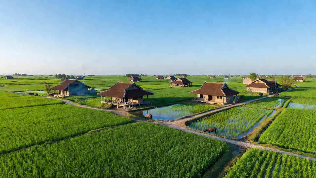 Cảnh đẹp Xã Phạm Hồng Thái, huyện Khoái Châu, Hưng Yên với cây xanh và ruộng lúa xanh tươi.