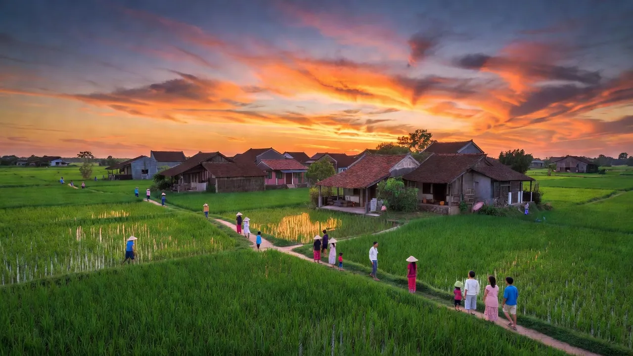 Phạm Hồng Thái village in Khoái Châu, Hưng Yên, featuring lush rice fields and traditional houses.