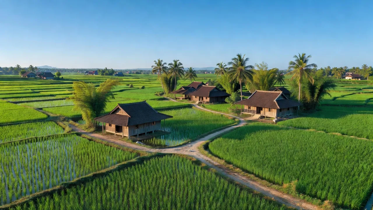 Khung cảnh nông thôn xã Phùng Hưng, huyện Khoái Châu, tỉnh Hưng Yên, với cánh đồng và nhà truyền thống.