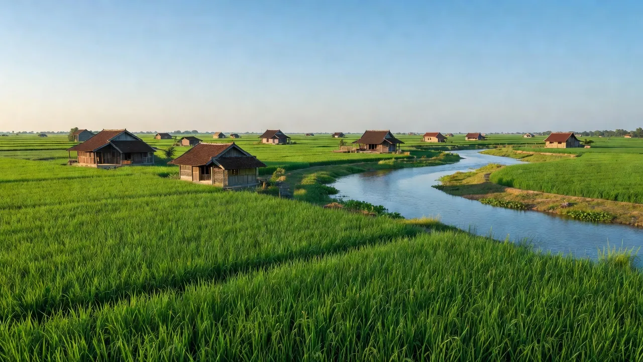 Cảnh quan nông thôn Tân Châu, Khoái Châu, Hưng Yên với cánh đồng xanh và nhà truyền thống.