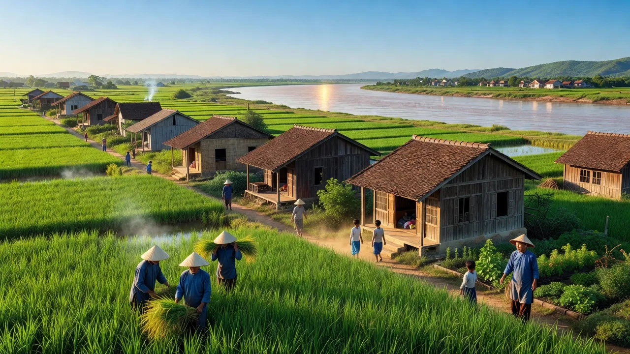 Khung cảnh Xã Tứ Dân, huyện Khoái Châu, Hưng Yên với cánh đồng xanh và sông Hồng.