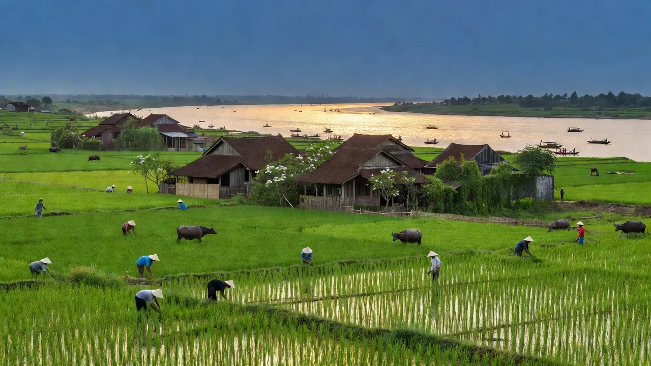 Tứ Dân village, Khoái Châu, Hưng Yên with rice fields, houses, and the Red River, showcasing rural beauty.