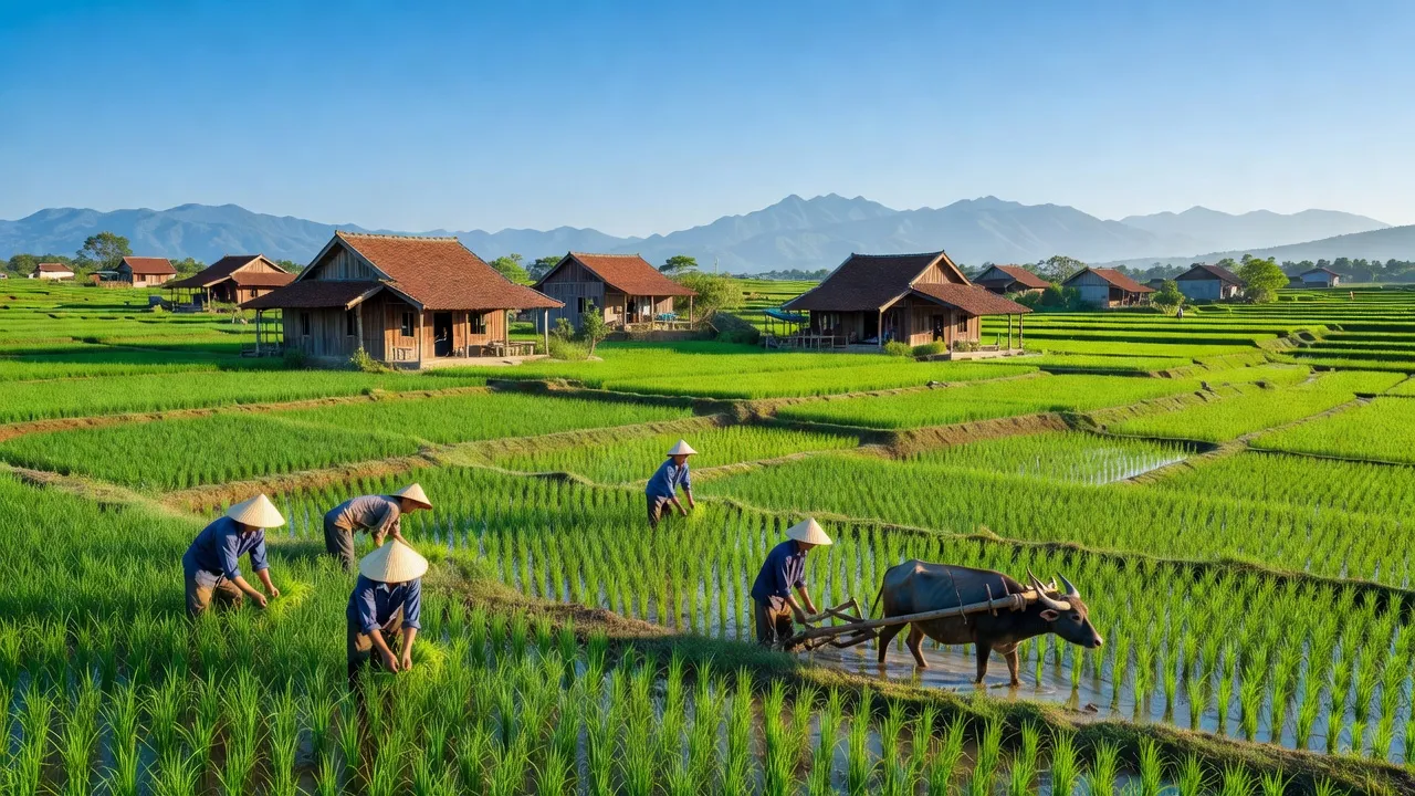 Cảnh quan nông thôn Việt Hòa, Khoái Châu, Hưng Yên với cánh đồng xanh và nhà truyền thống.