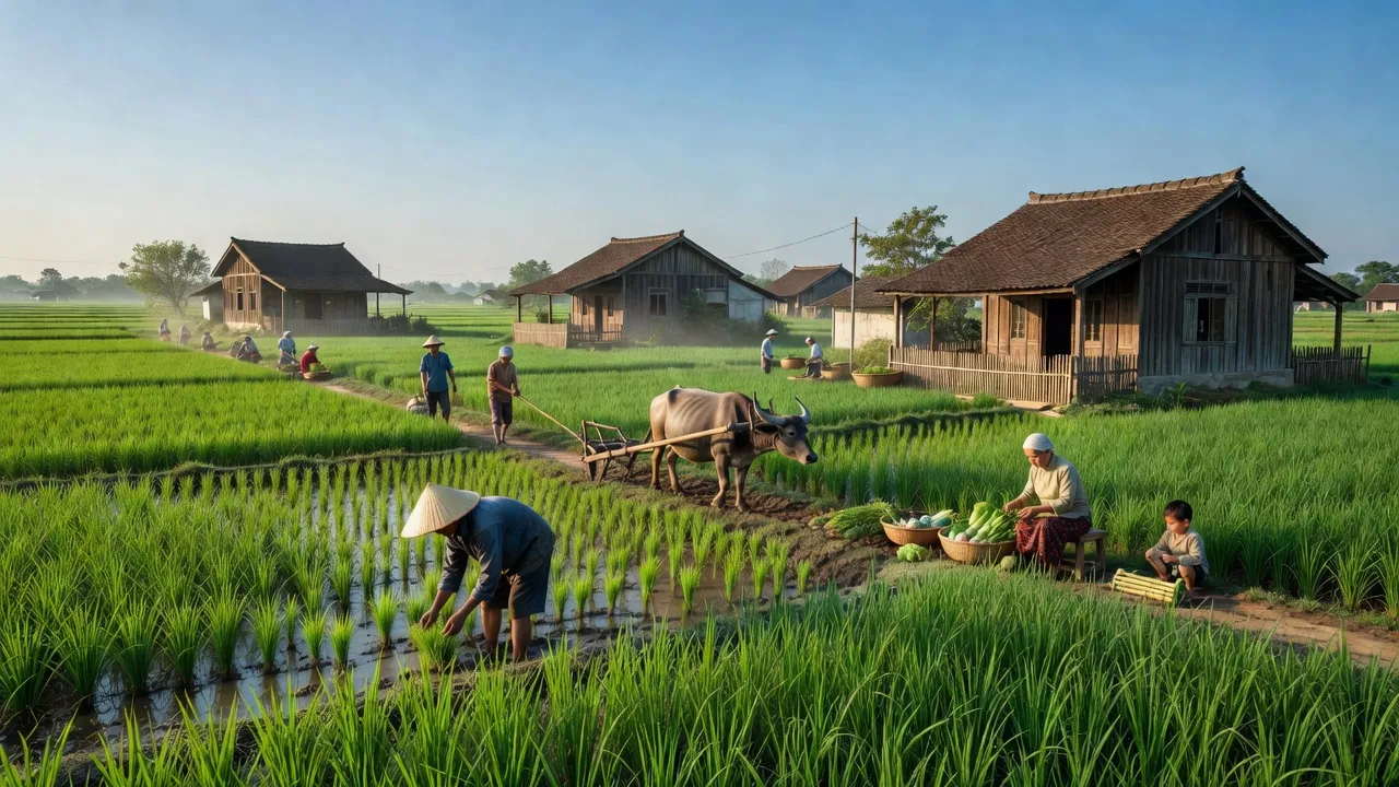 Cảnh quan nông thôn tại xã Chính Nghĩa, huyện Kim Động, Hưng Yên với đồng lúa xanh.