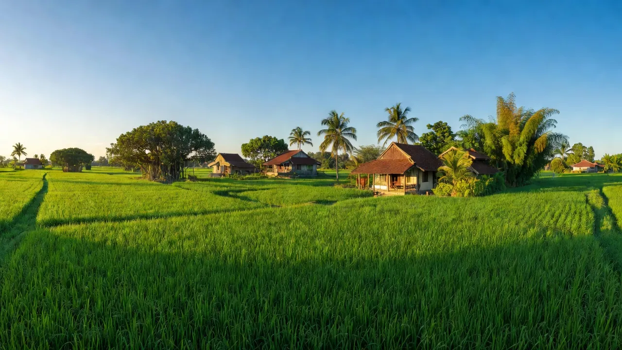 Khung cảnh Xã Diên Hồng, Huyện Kim Động, Tỉnh Hưng Yên với cánh đồng xanh và cây cối tươi tốt.
