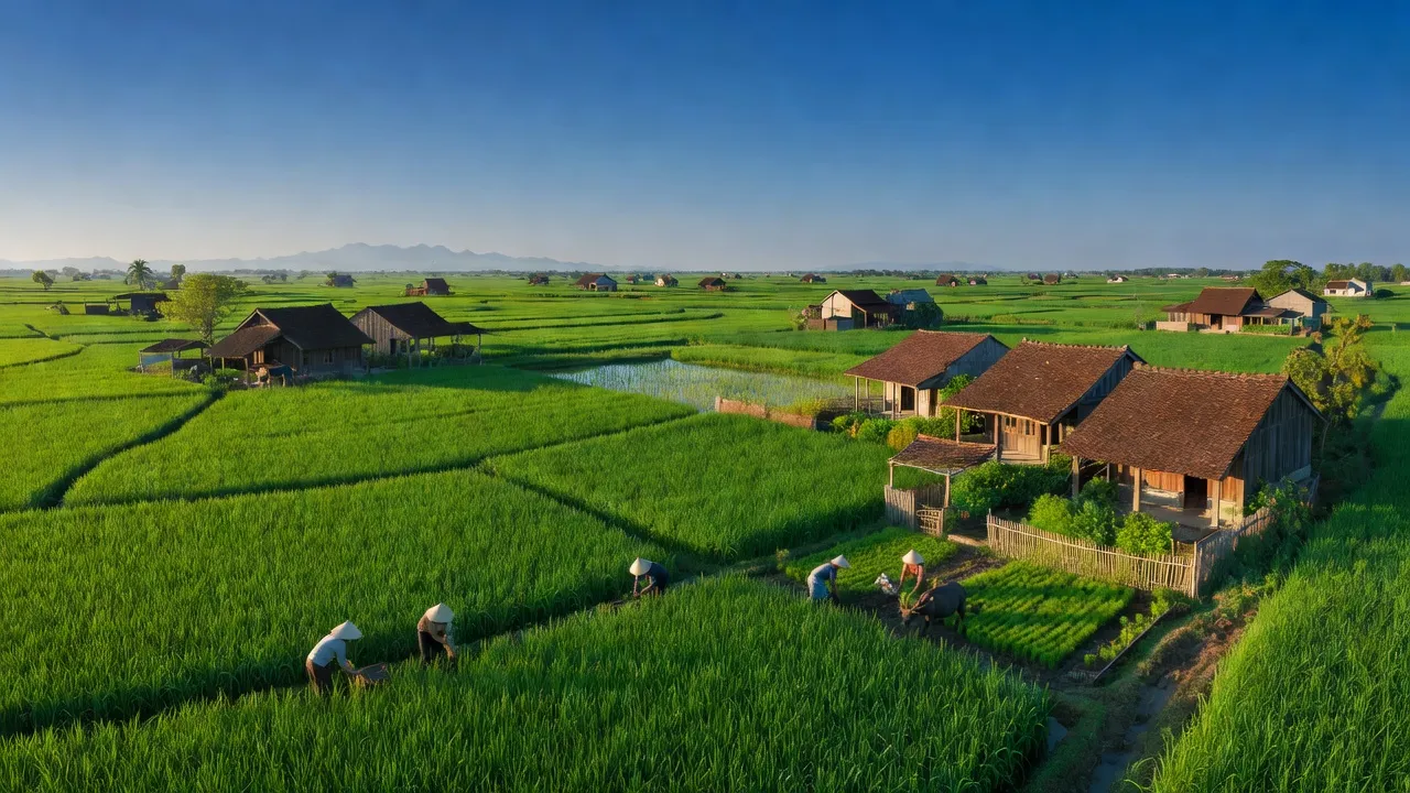 Khung cảnh xã Đồng Thanh, huyện Kim Động, tỉnh Hưng Yên với cánh đồng xanh và kiến trúc nông thôn.