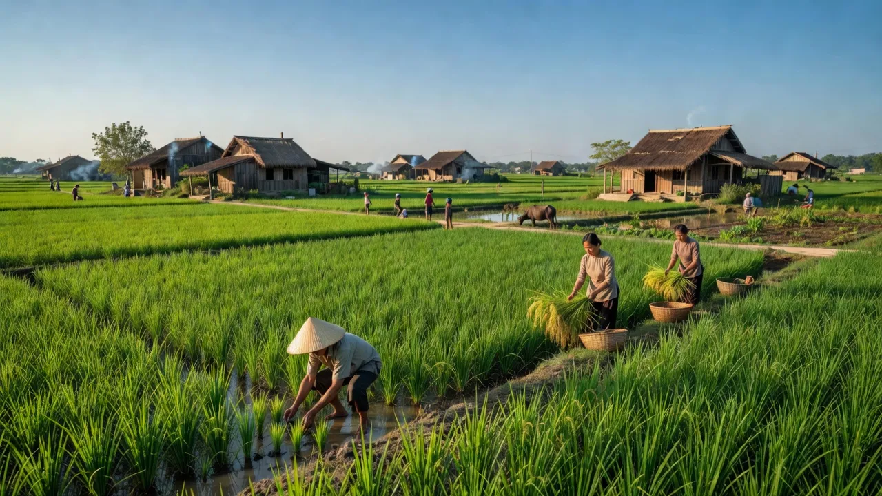 Cảnh đồng quê yên bình tại xã Đức Hợp, Kim Động, tỉnh Hưng Yên với nhà truyền thống và ruộng xanh.