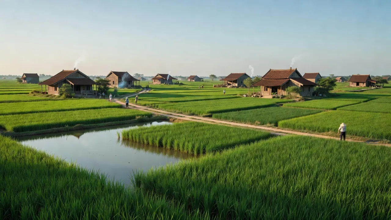 Cảnh đẹp xã Hùng An, huyện Kim Động, tỉnh Hưng Yên với ruộng lúa và nhà truyền thống.
