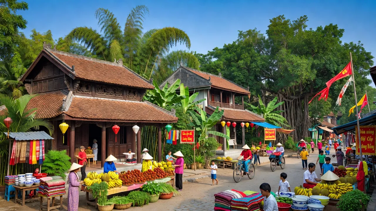 Thị trấn Lương Bằng, huyện Kim Động, tỉnh Hưng Yên với kiến trúc truyền thống và khung cảnh sống động.
