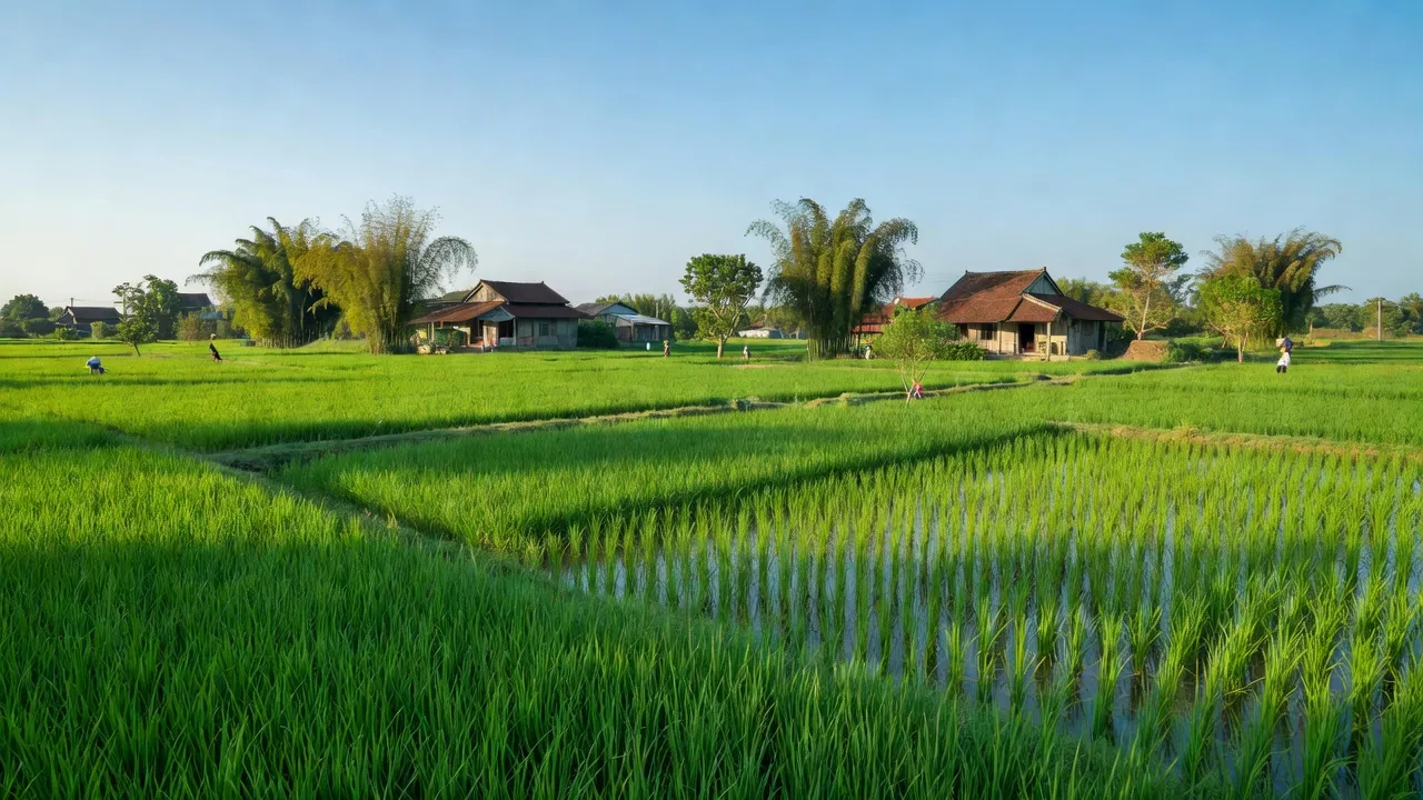 Khung cảnh xanh mát của xã Mai Động, huyện Kim Động, tỉnh Hưng Yên với cánh đồng lúa và nhà truyền thống.