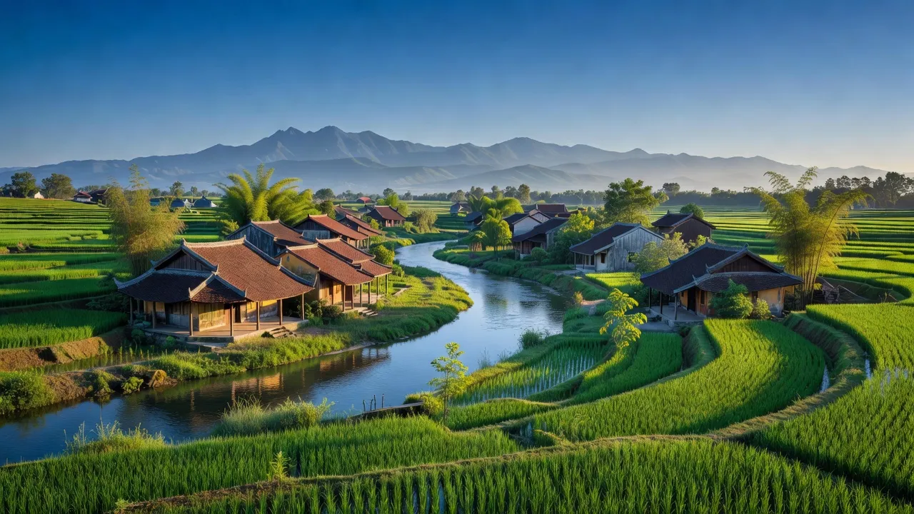 Khung cảnh thanh bình xã Phạm Ngũ Lão, huyện Kim Động, tỉnh Hưng Yên với cánh đồng xanh tươi.