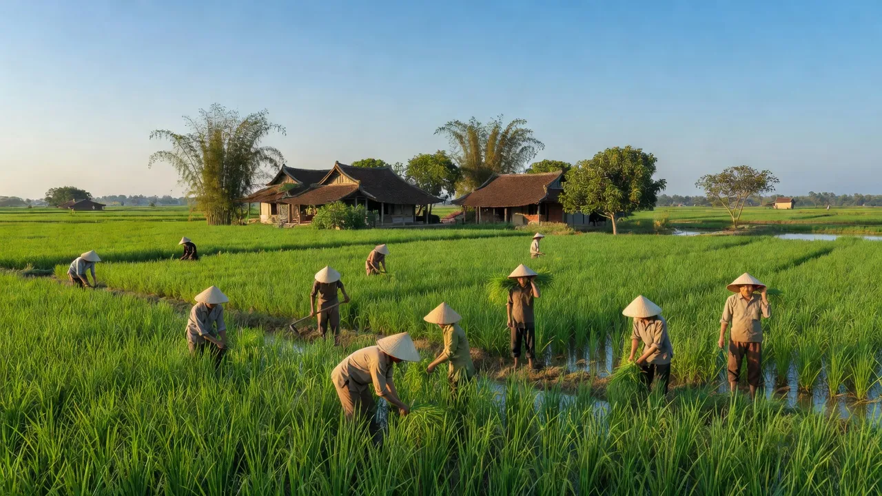 Khung cảnh yên bình xã Phú Thọ, huyện Kim Động, tỉnh Hưng Yên với cánh đồng xanh và kiến trúc truyền thống.