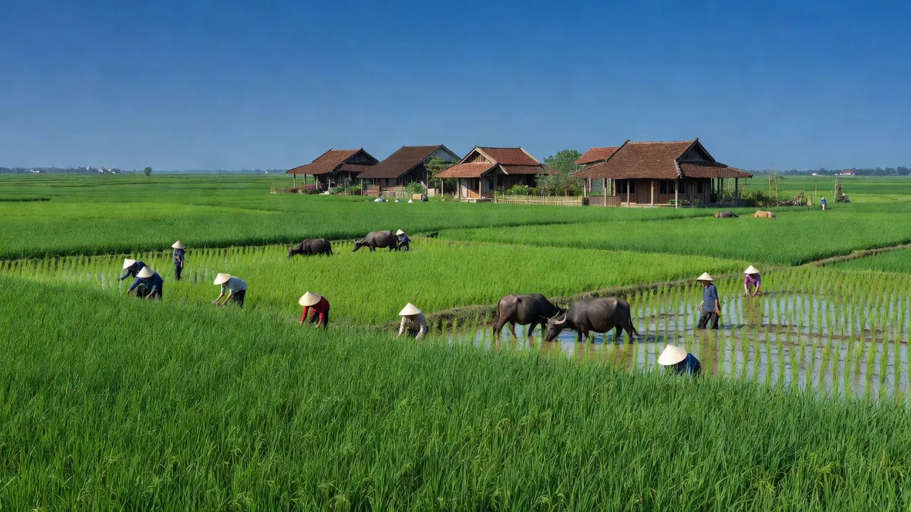 Cảnh đẹp Xã Song Mai, huyện Kim Động, Hưng Yên với ruộng lúa xanh tươi và nhà truyền thống.