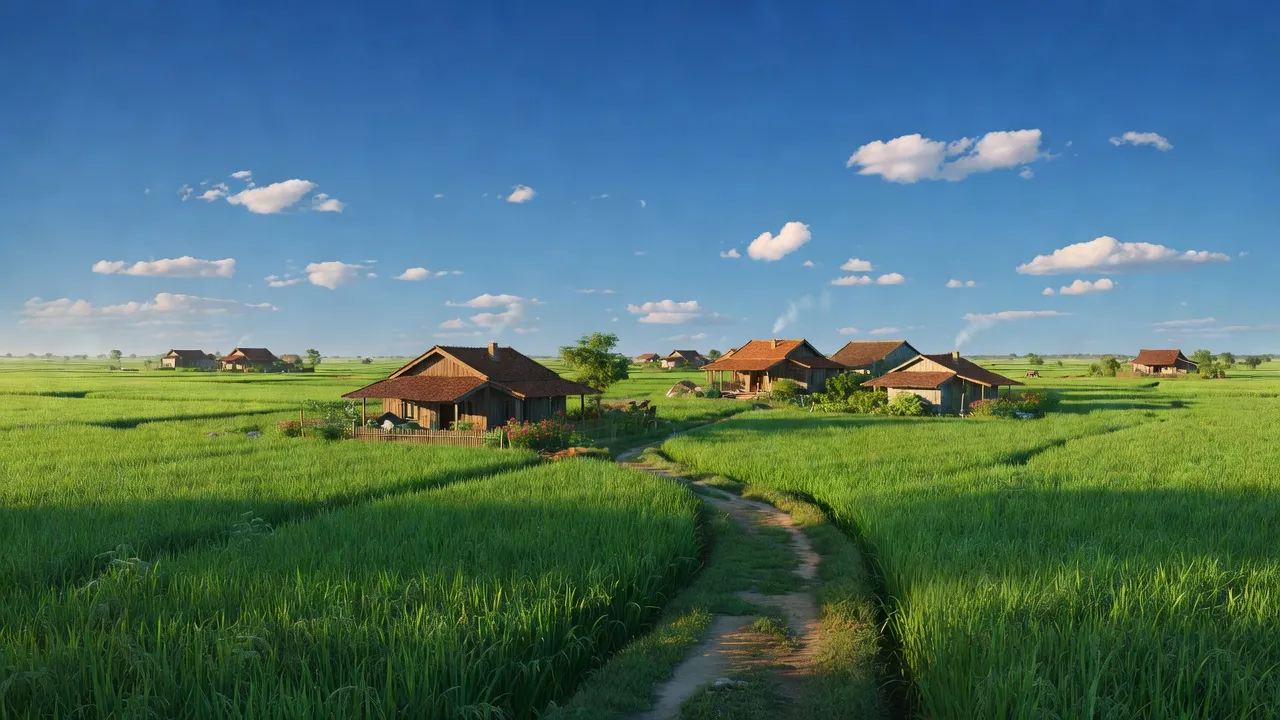 Cảnh đẹp nông thôn xã Toàn Thắng, huyện Kim Động, tỉnh Hưng Yên, với cánh đồng xanh và nhà truyền thống.