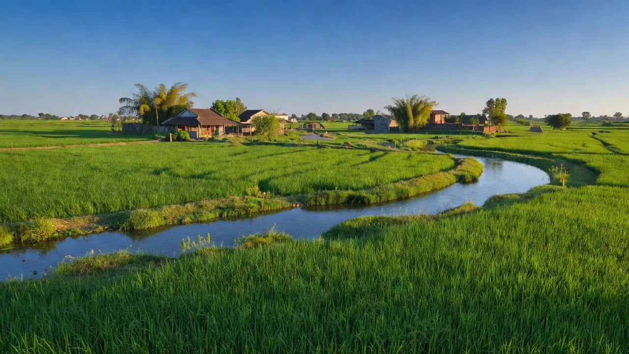 Cảnh quan xã Toàn Thắng, huyện Kim Động, tỉnh Hưng Yên với đồng xanh và bầu trời trong xanh.