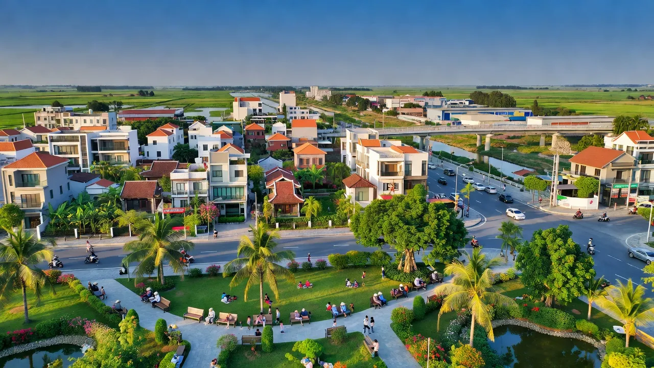Cảnh quan thịnh vượng của thị xã Mỹ Hào, tỉnh Hưng Yên với hạ tầng hiện đại và thiên nhiên tươi đẹp.