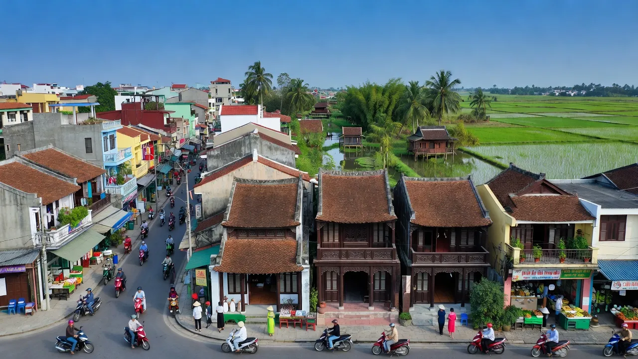 Cảnh quan Phường Bạch Sam, Thị xã Mỹ Hào, Hưng Yên với kiến trúc truyền thống và đường phố nhộn nhịp.