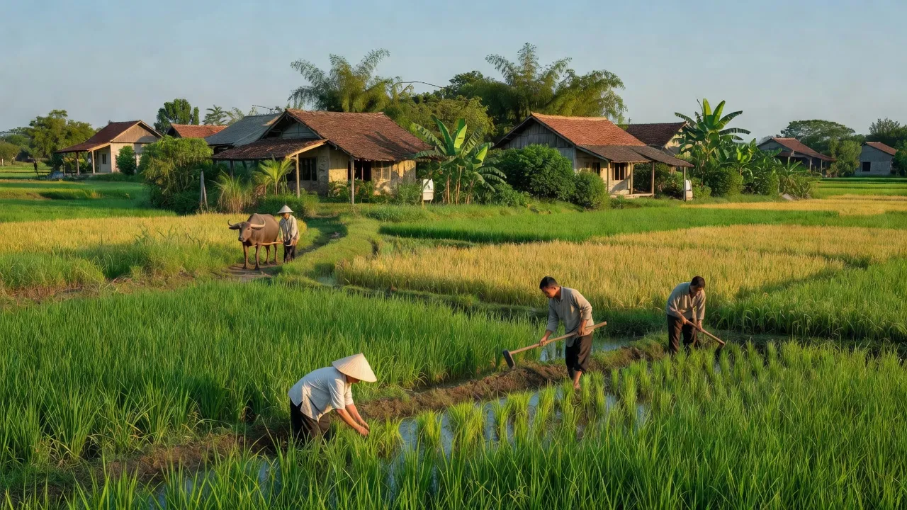 Cảnh đẹp Xã Cẩm Xá, Thị xã Mỹ Hào, Hưng Yên với ruộng lúa và nhà dân.