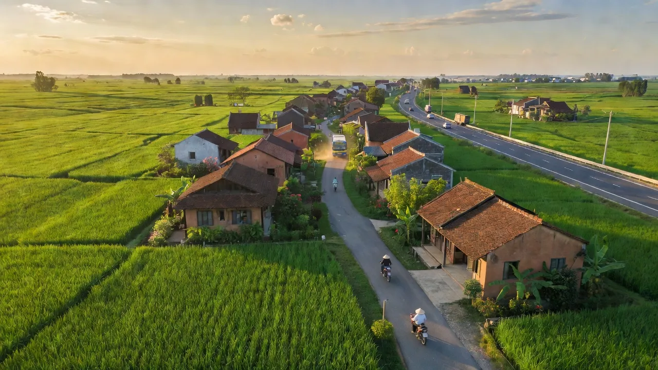 Cảnh sắc xã Cẩm Xá, thị xã Mỹ Hào, Hưng Yên với đồng xanh và nhà truyền thống.