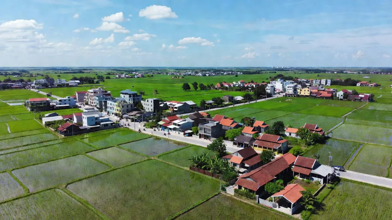 Khung cảnh Phường Dị Sử, Mỹ Hào, Hưng Yên với ruộng xanh và nhà truyền thống, dưới bầu trời trong xanh.