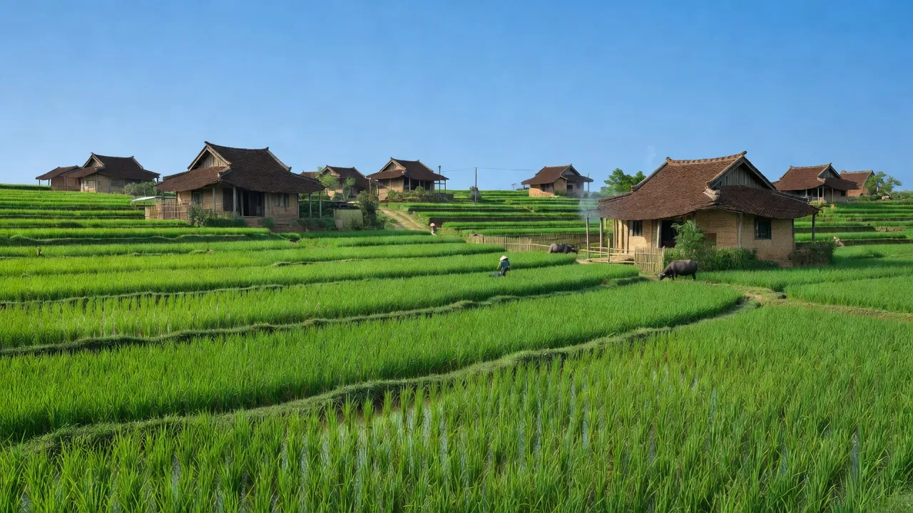Cảnh đẹp xã Dương Quang, thị xã Mỹ Hào, tỉnh Hưng Yên với cánh đồng lúa và nhà truyền thống.