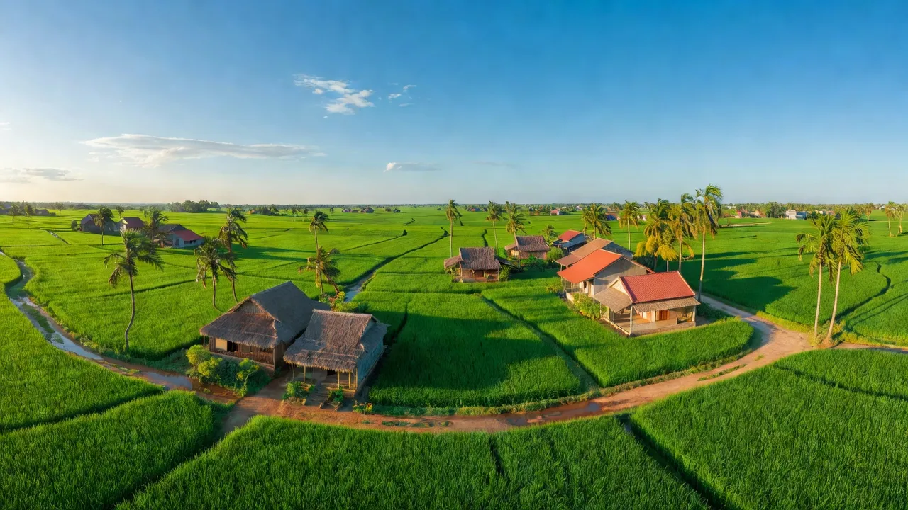 Quang cảnh Xã Hòa Phong, Mỹ Hào, Hưng Yên với cánh đồng xanh tươi và kiến trúc địa phương.
