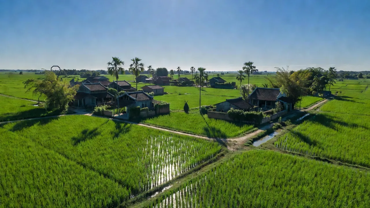 Xã Hòa Phong, Thị xã Mỹ Hào, Hưng Yên với đồng lúa xanh tươi và kiến trúc nông thôn truyền thống.