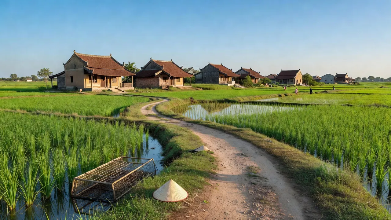 Cảnh đẹp xã Hưng Long, Thị xã Mỹ Hào, tỉnh Hưng Yên với đồng ruộng xanh và nhà truyền thống.