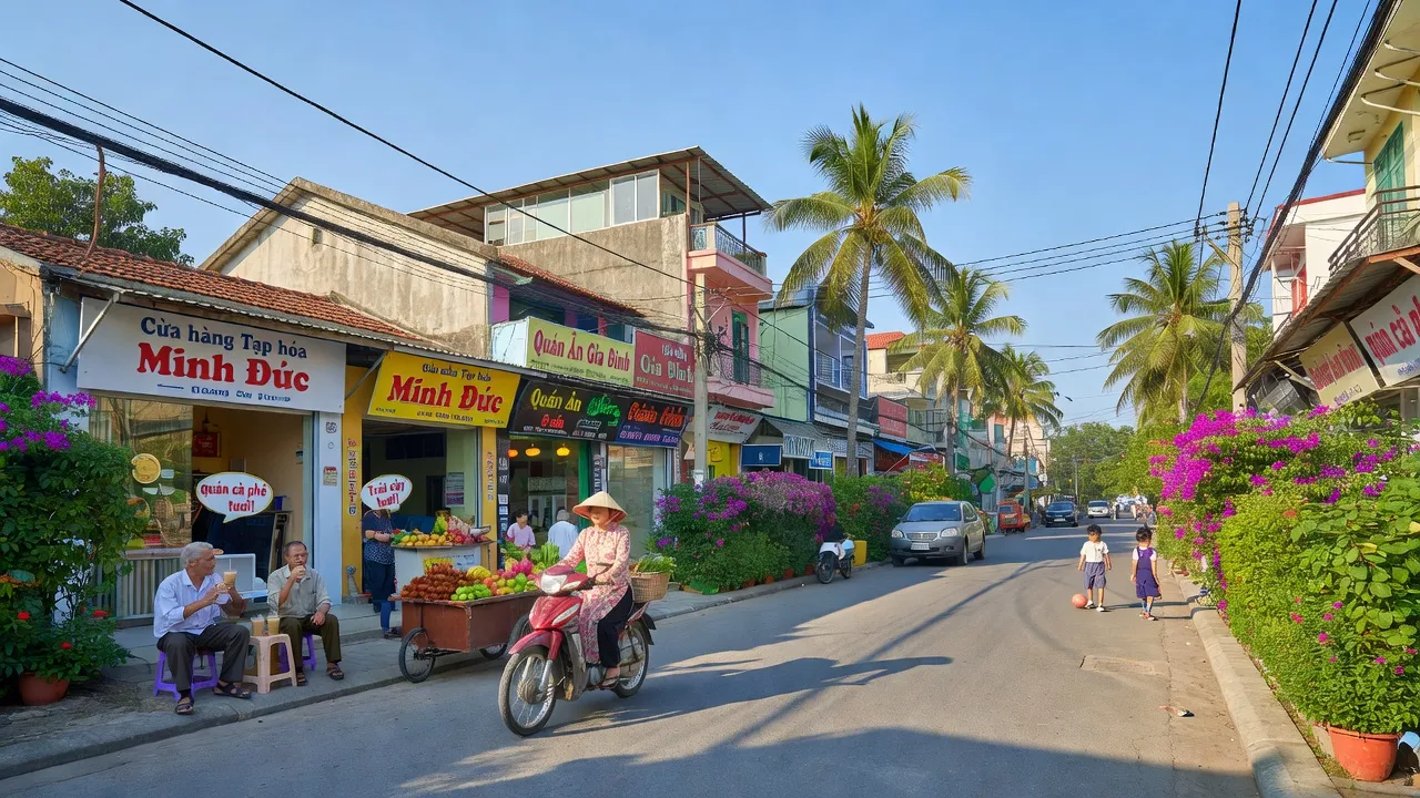 Cảnh phố nhộn nhịp tại Phường Minh Đức, Thị xã Mỹ Hào, tỉnh Hưng Yên với hoạt động sống động.
