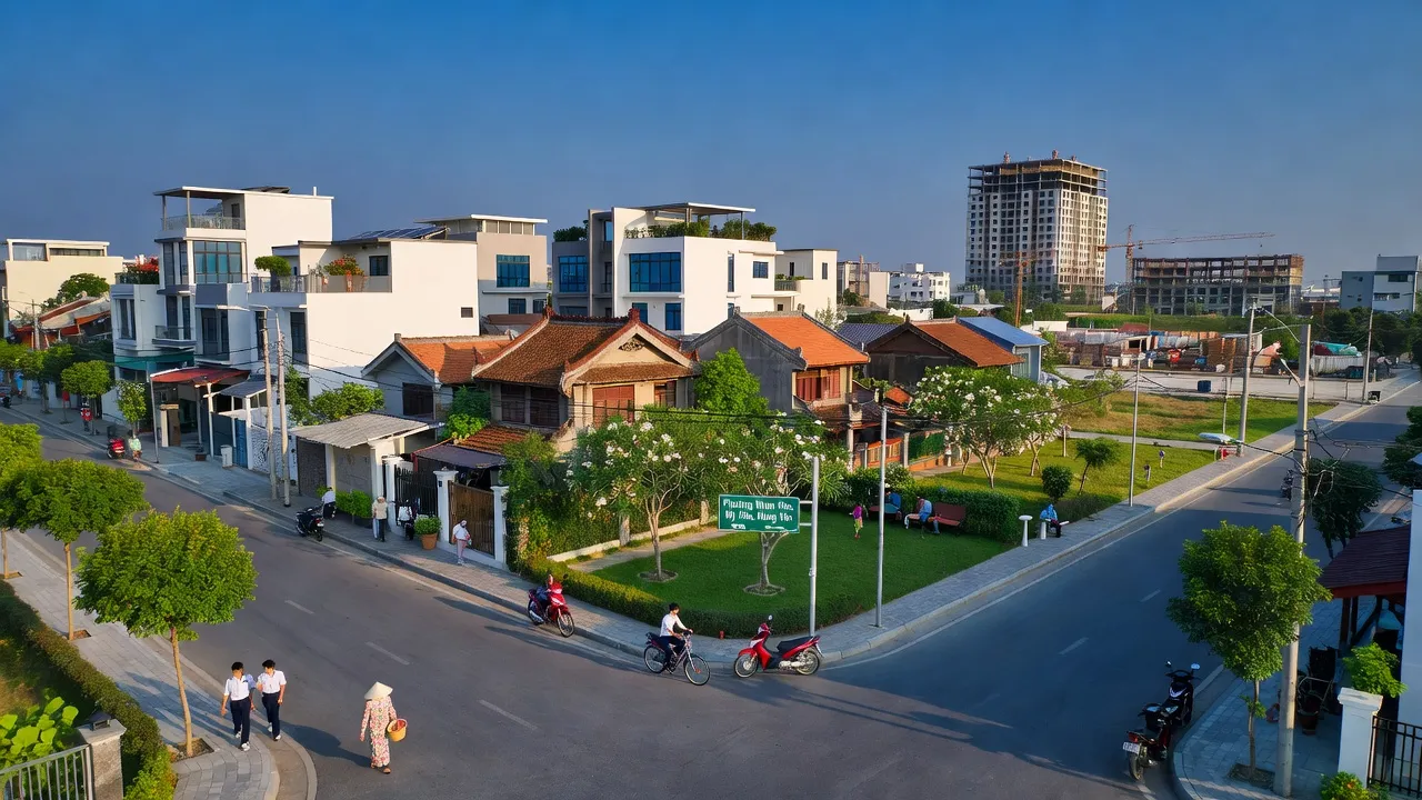 Khung cảnh Phường Nhân Hòa, Mỹ Hào, Hưng Yên với khu dân cư và môi trường xanh tươi, phát triển đô thị.