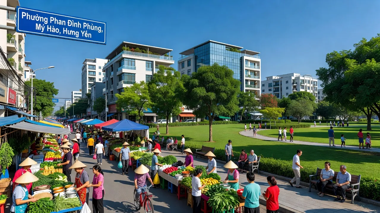 Phường Phan Đình Phùng, Mỹ Hào, Hưng Yên with lively streets, parks, and clear skies.