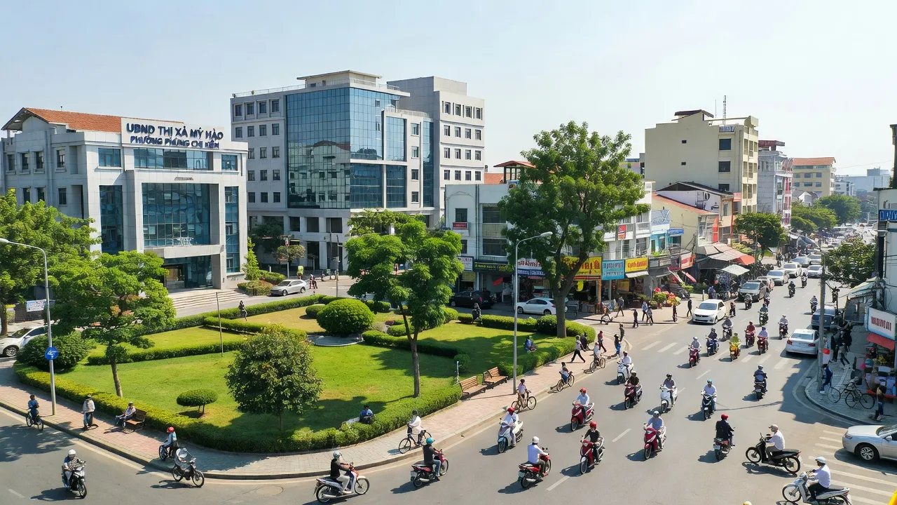 Phường Phùng Chí Kiên, Thị xã Mỹ Hào, Hưng Yên, cảnh quan đô thị và giao thông nhộn nhịp.