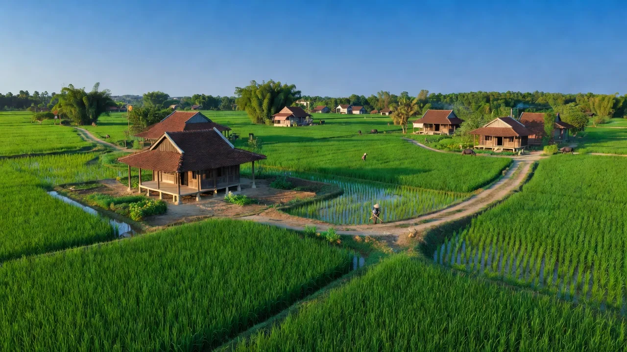 Khung cảnh hữu tình xã Xuân Dục, Mỹ Hào, Hưng Yên với ruộng lúa xanh tươi và nhà truyền thống.