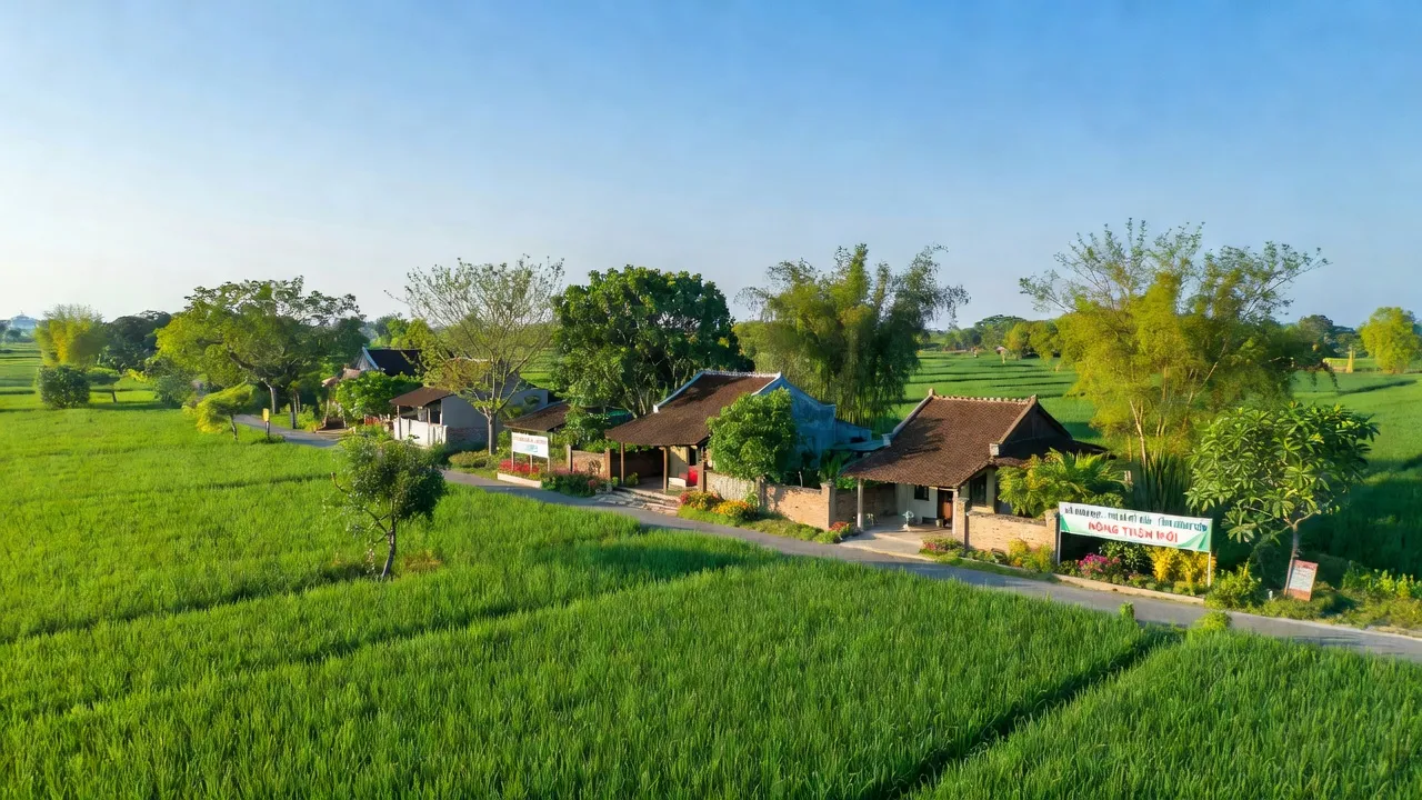 Xã Xuân Dục, Thị xã Mỹ Hào, Hưng Yên với cảnh đồng xanh và trời trong vào mùa xuân.
