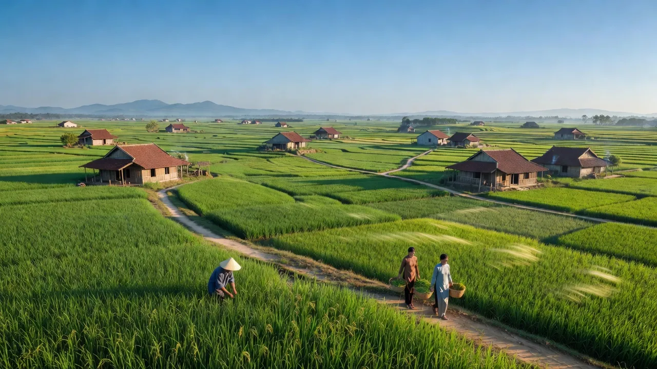 Cảnh quan huyện Phù Cừ, tỉnh Hưng Yên, có ruộng lúa xanh và cuộc sống nông thôn sôi động.