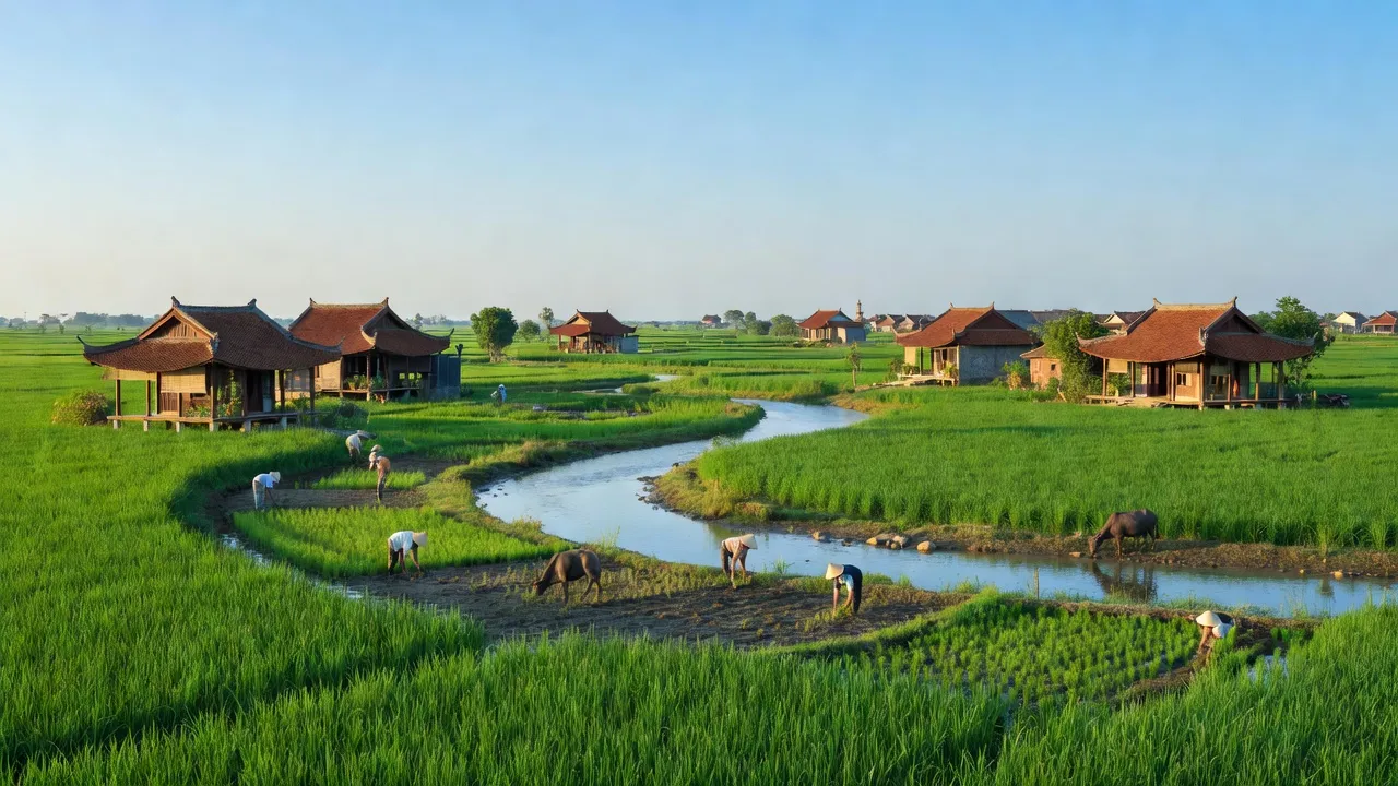 Khung cảnh huyện Phù Cừ, Hưng Yên với đồng ruộng xanh và sông nước, thể hiện nét đẹp địa phương.