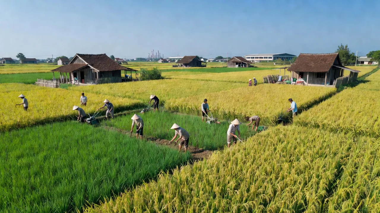 Cảnh đẹp xã Đình Cao, huyện Phù Cừ, Hưng Yên với ruộng đồng xanh và nhà nông thôn truyền thống.