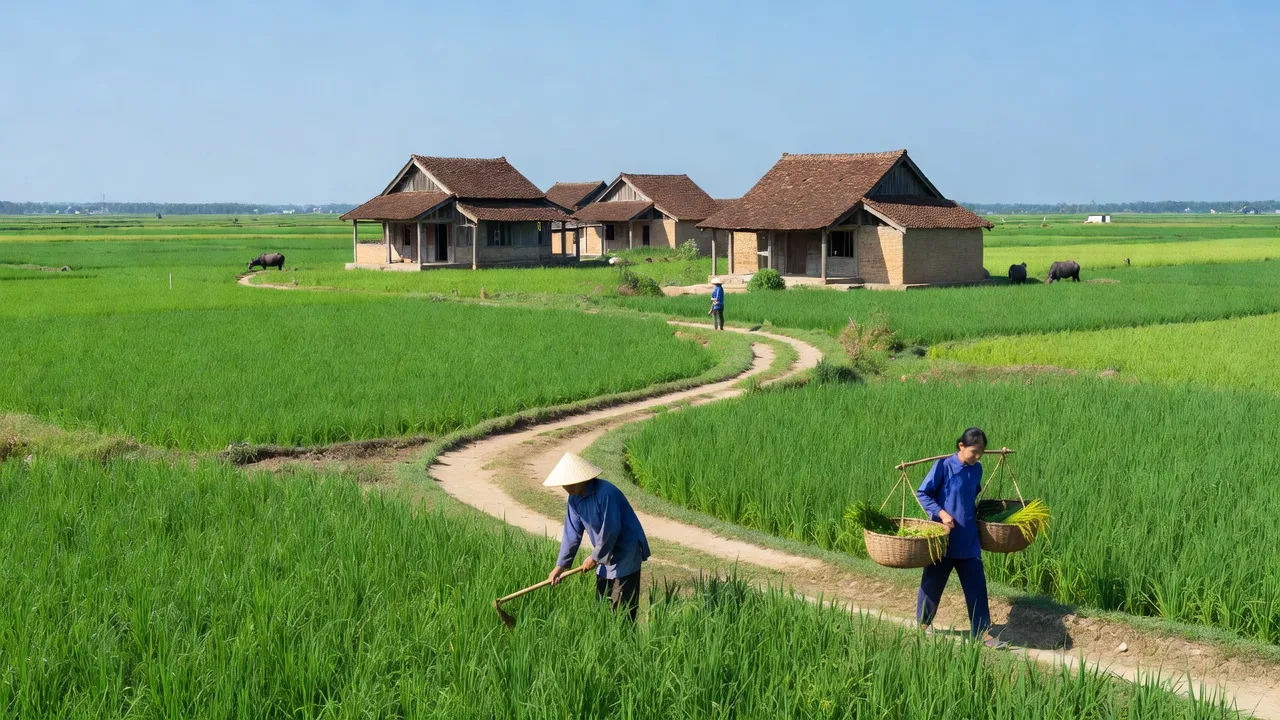 Khung cảnh Xã Đoàn Đào, Huyện Phù Cừ, Hưng Yên với cánh đồng xanh và nhà truyền thống.