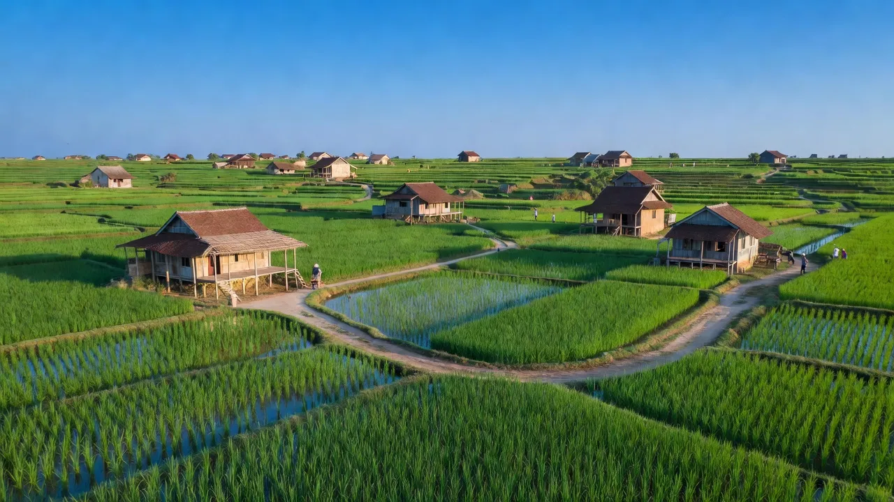 Cảnh quan xã Minh Tân, huyện Phù Cừ, tỉnh Hưng Yên với đồng lúa xanh và nhà dân.
