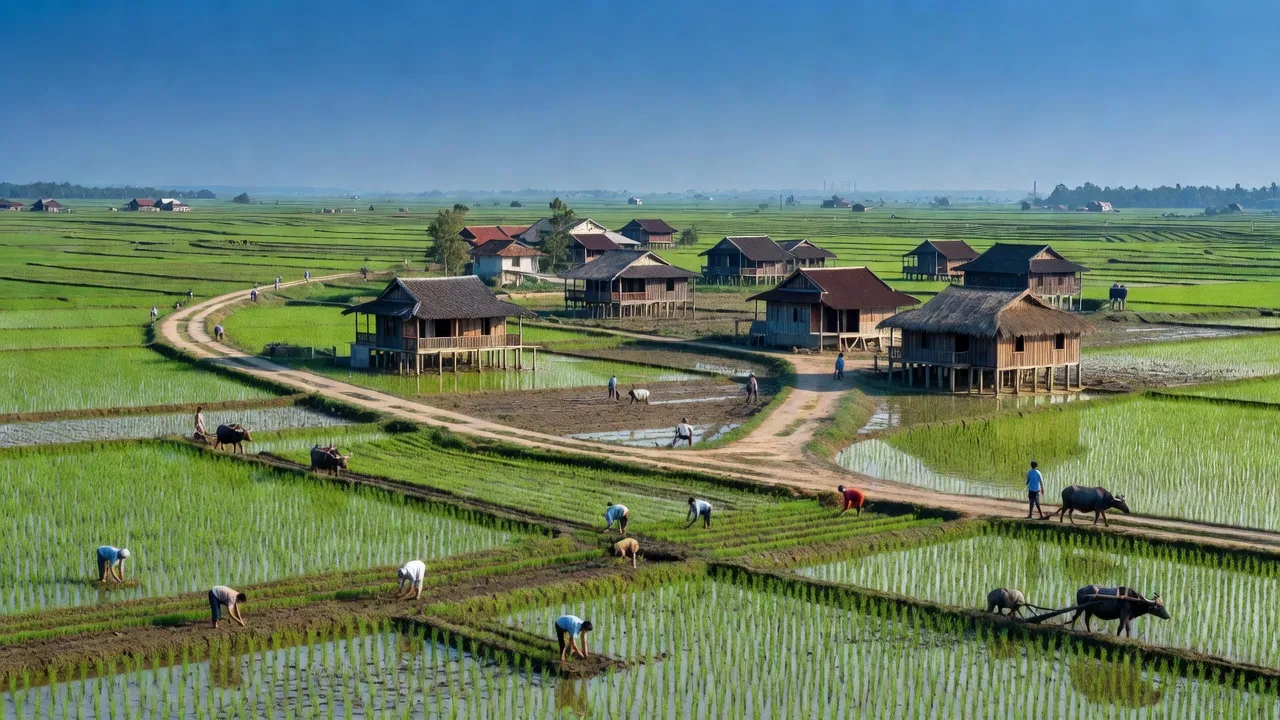 Khung cảnh đồng quê Xã Minh Tân, Huyện Phù Cừ, Tỉnh Hưng Yên với ruộng lúa xanh tươi.