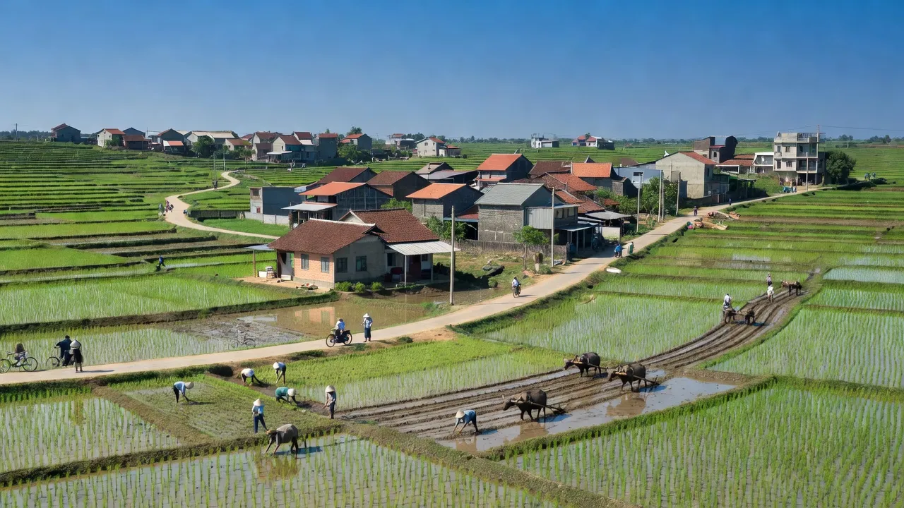 Cảnh quan xã Nguyên Hòa, huyện Phù Cừ, Hưng Yên với cánh đồng và nông dân làm việc.