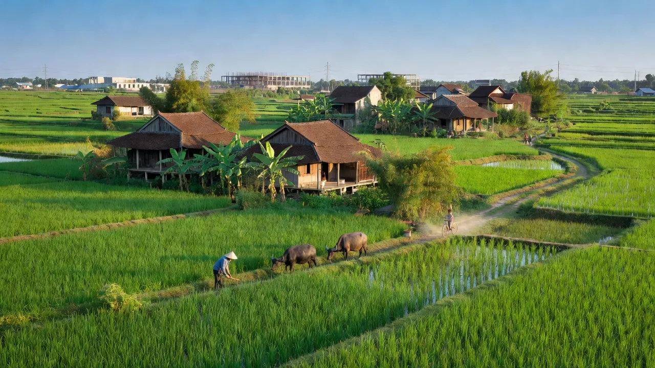 Khung cảnh làng quê Nhật Quang, huyện Phù Cừ, Hưng Yên với cánh đồng xanh và nhà truyền thống.