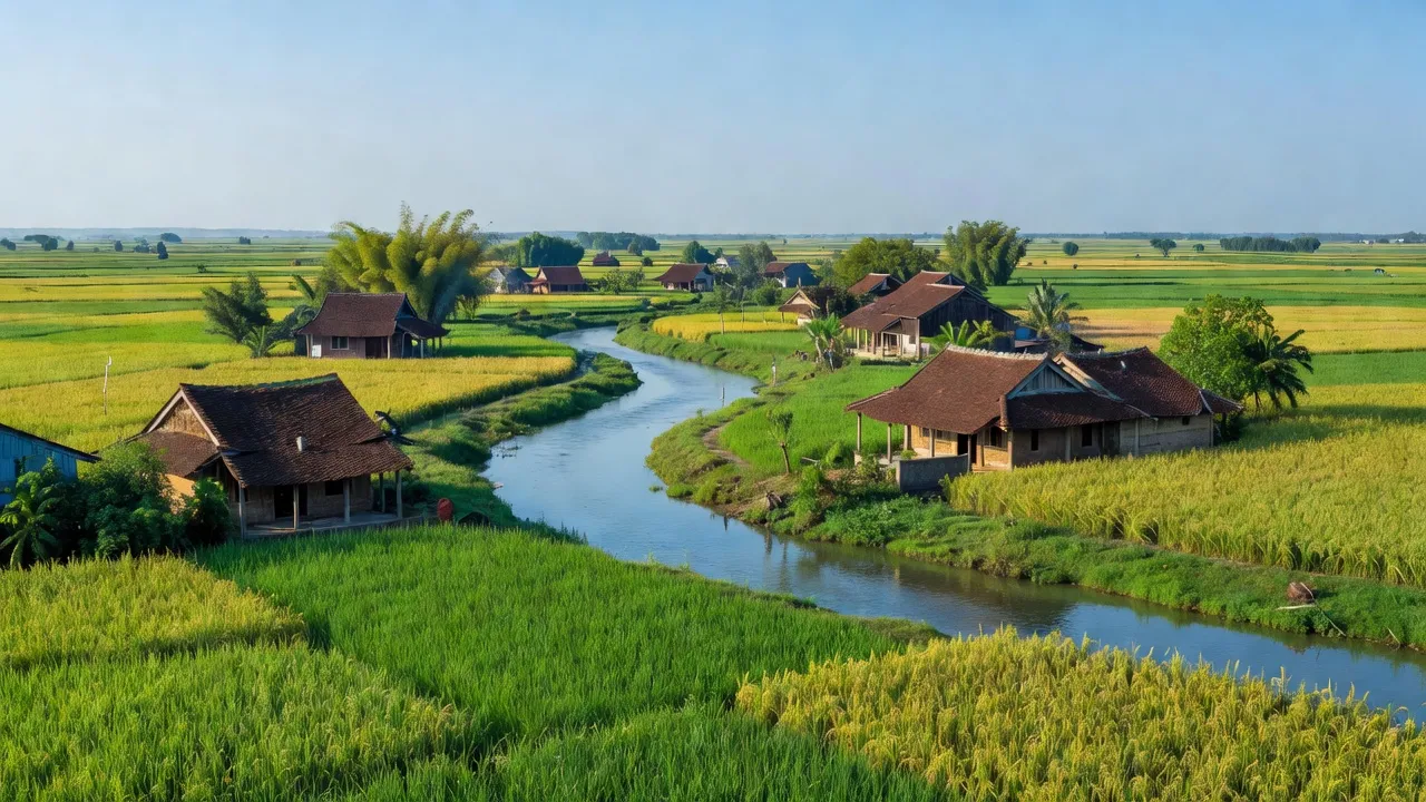 Cảnh đẹp xã Quang Hưng, huyện Phù Cừ, tỉnh Hưng Yên, với ruộng lúa và nhà truyền thống.