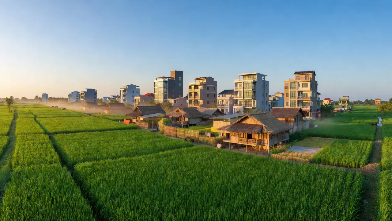 Cảnh đẹp xã Tam Đa, Hưng Yên với nhà cao tầng và đồng ruộng xanh mướt.