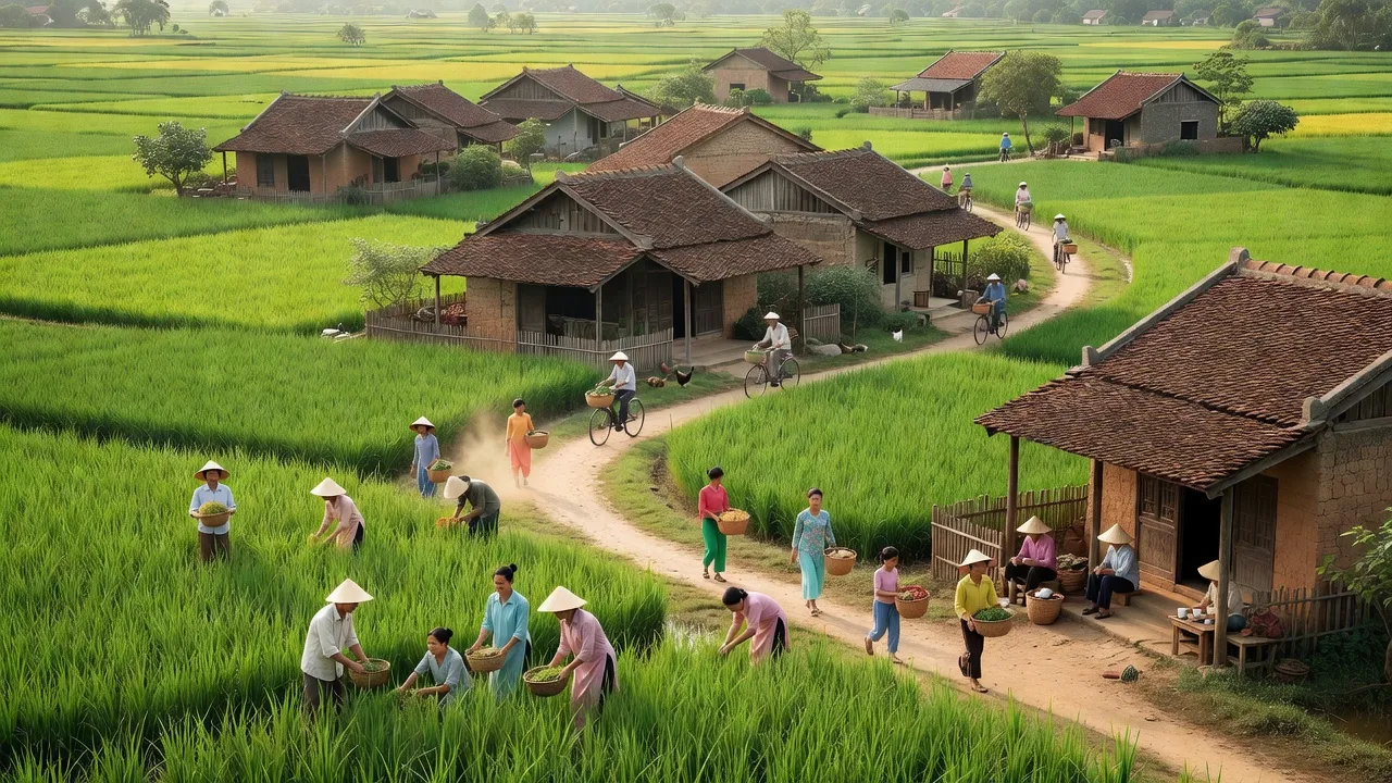 Tiên Tiến village in Phù Cừ, Hưng Yên features green rice fields and traditional houses.